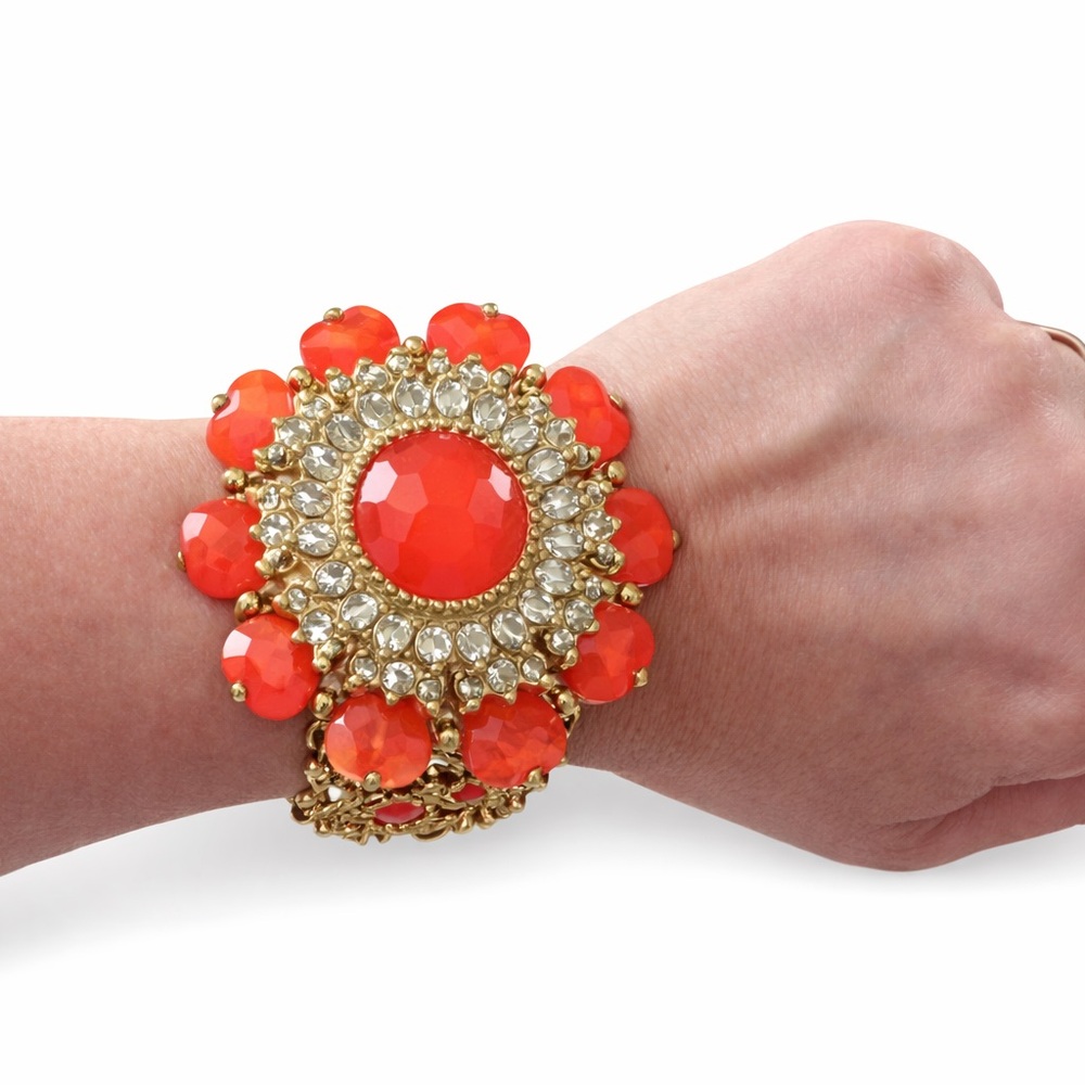 Vintage Coral Cabochon Rhinestone Bracelet Gold Tone Wire Cuff 1950s 60s